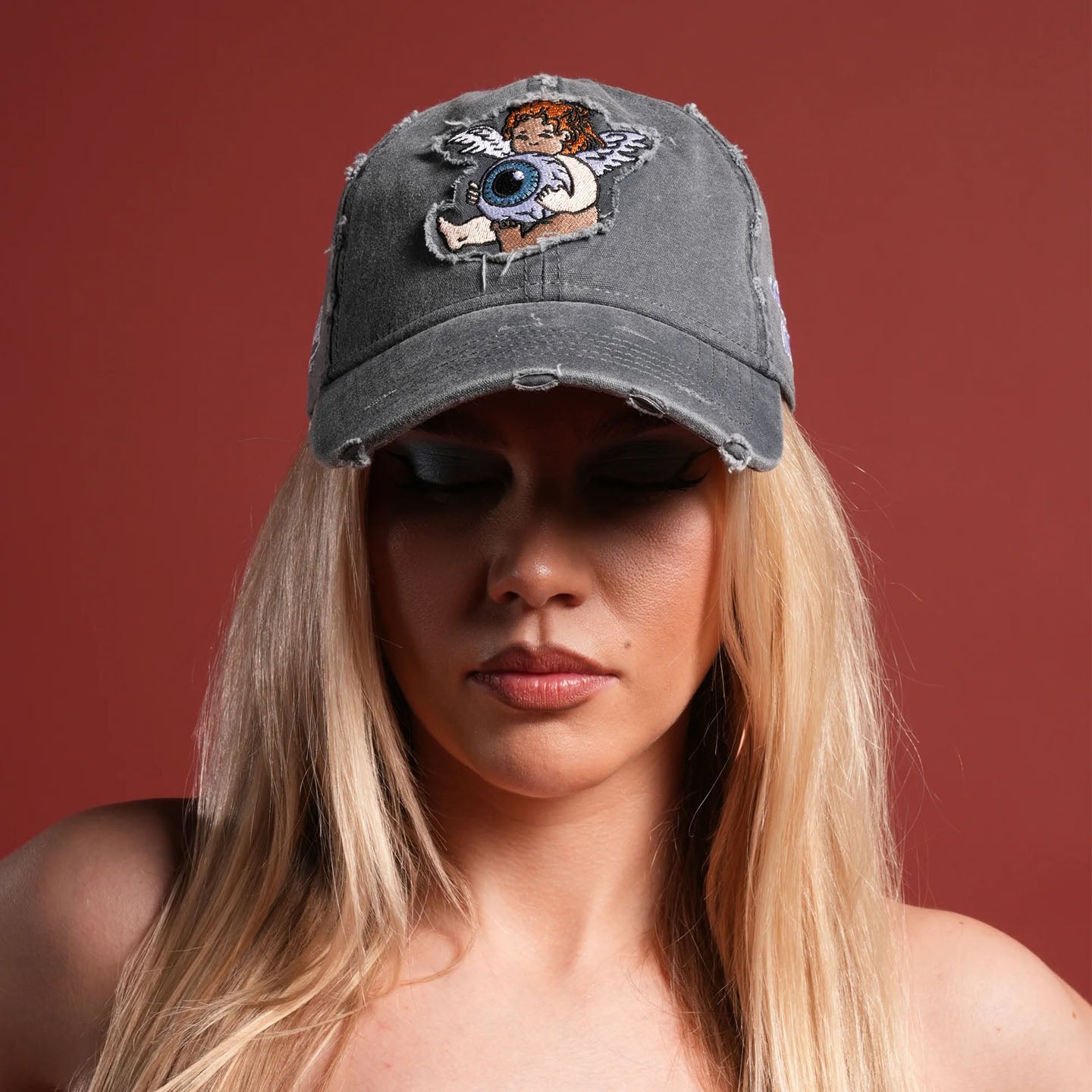 DSVD Cherub Eye Ball Distressed Black Acid Wash Dad Cap