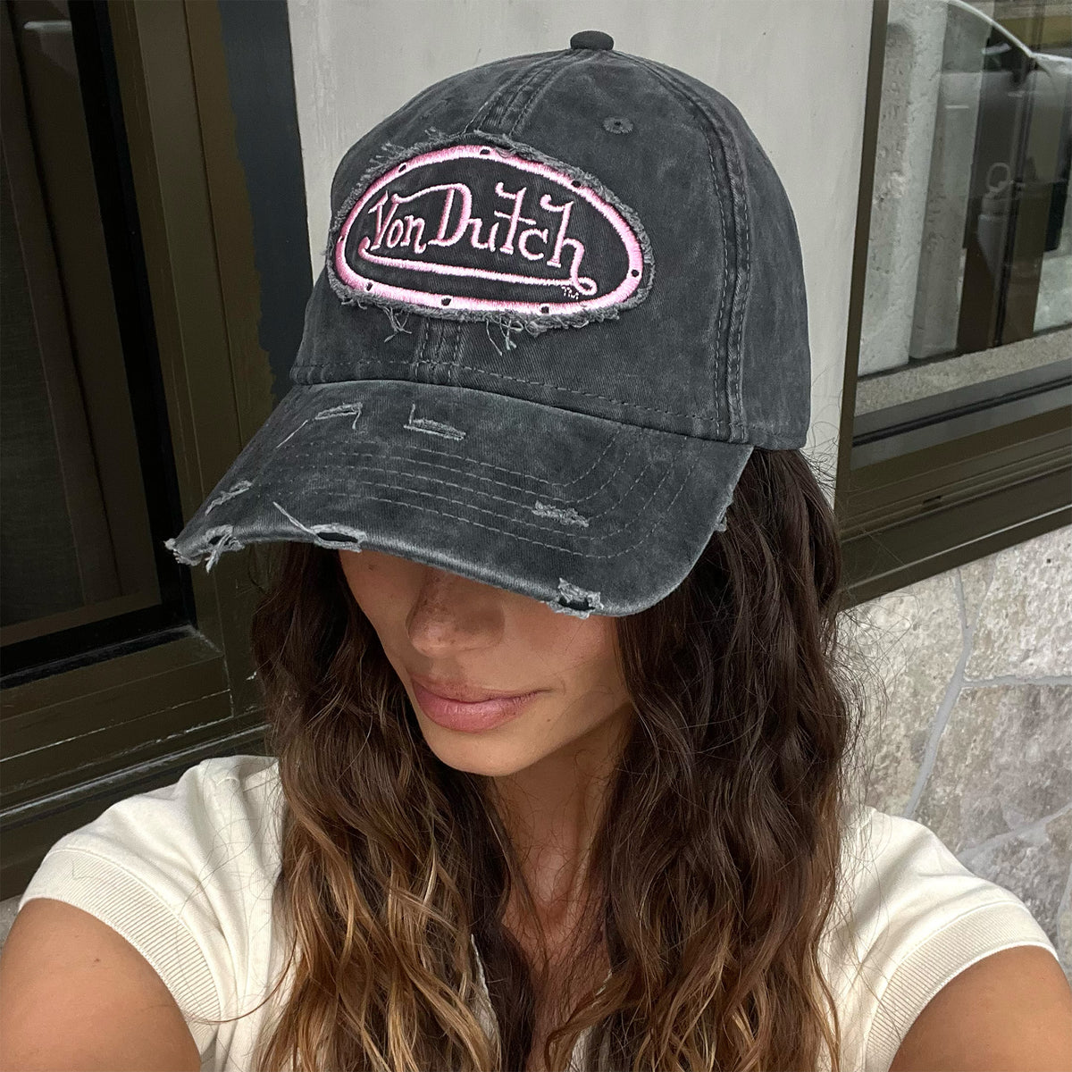 Distressed Dad Cap Washed Black Pink