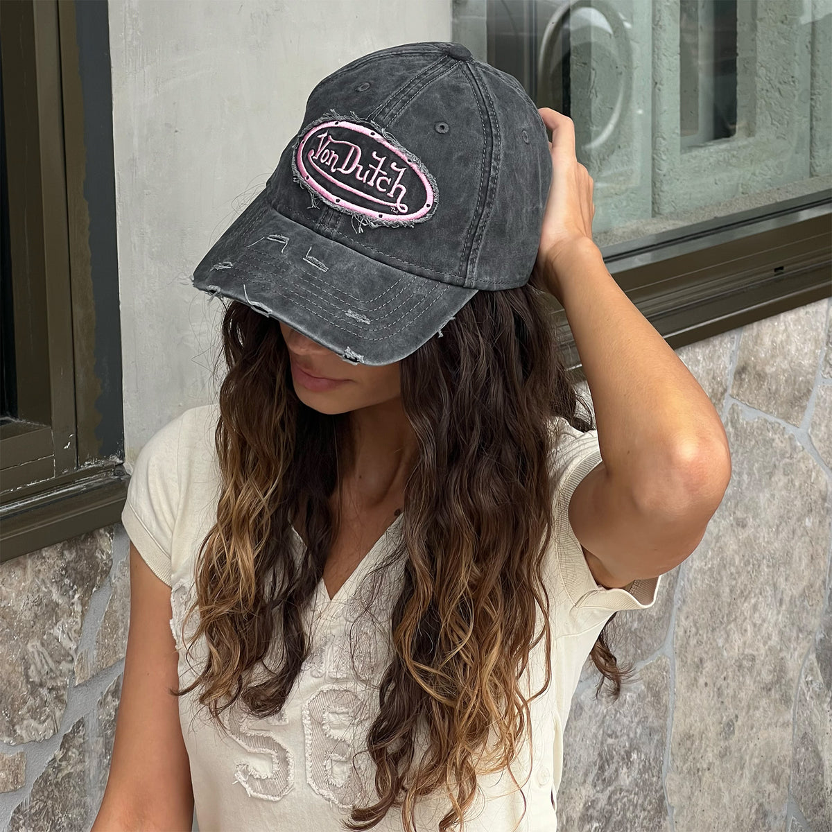 Distressed Dad Cap Washed Black Pink