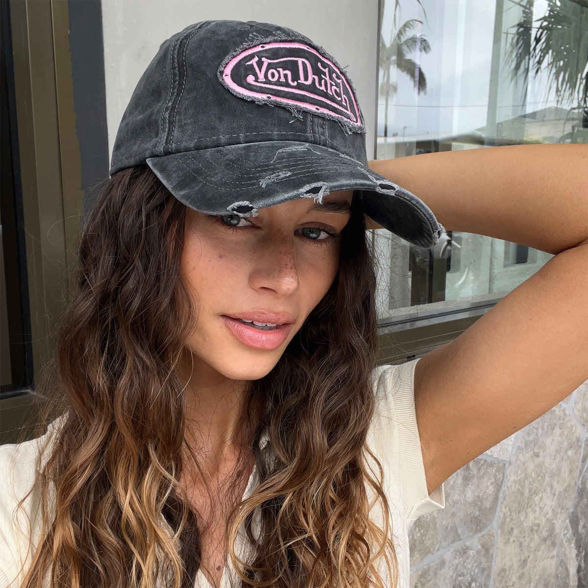Distressed Dad Cap Washed Black Pink