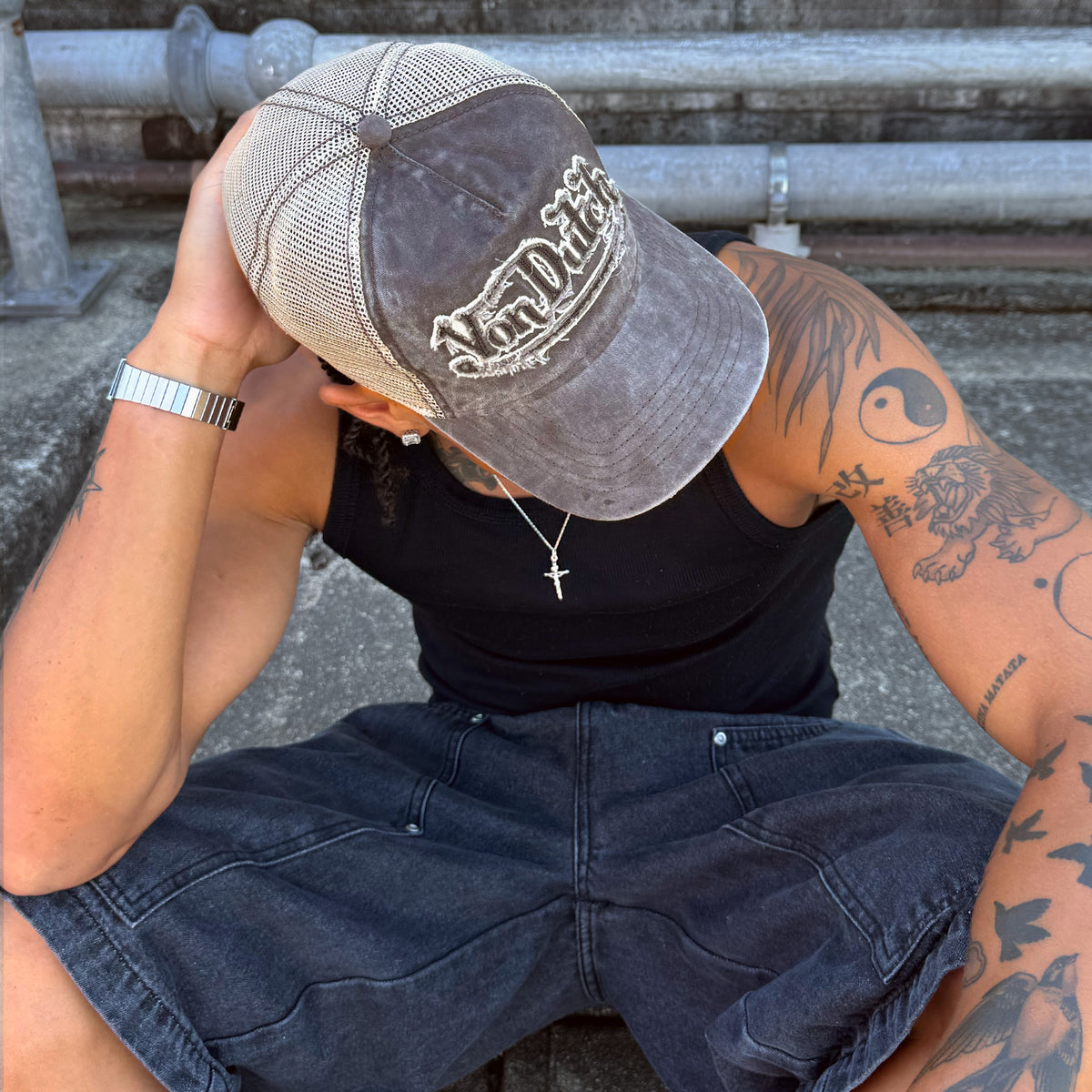 Unisex Trucker Hat Washed Twill Brown Khaki