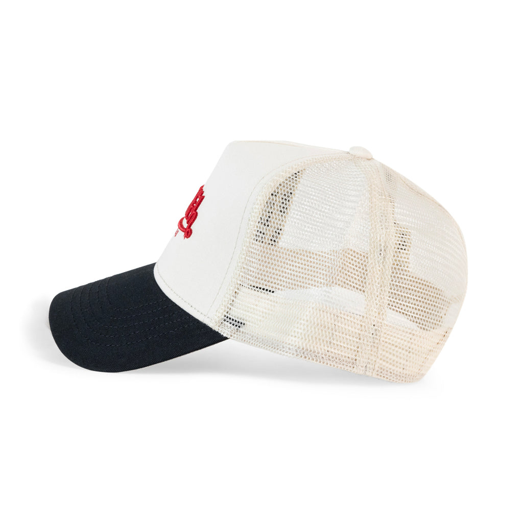 Two Tone Embroidered Ecru Black Trucker Hat