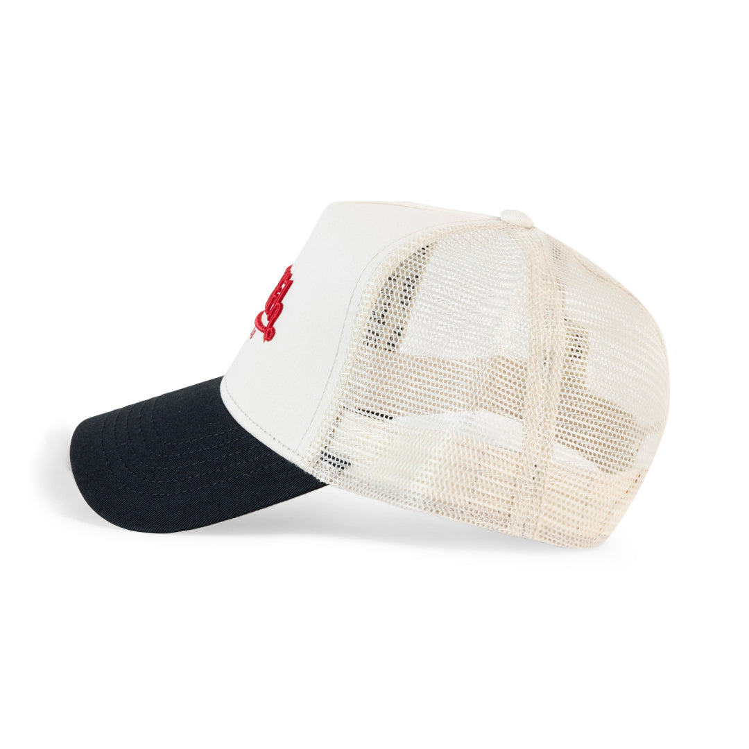 Two Tone Embroidered Ecru Black Trucker Hat