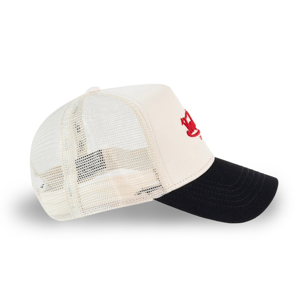 Two Tone Embroidered Ecru Black Trucker Hat