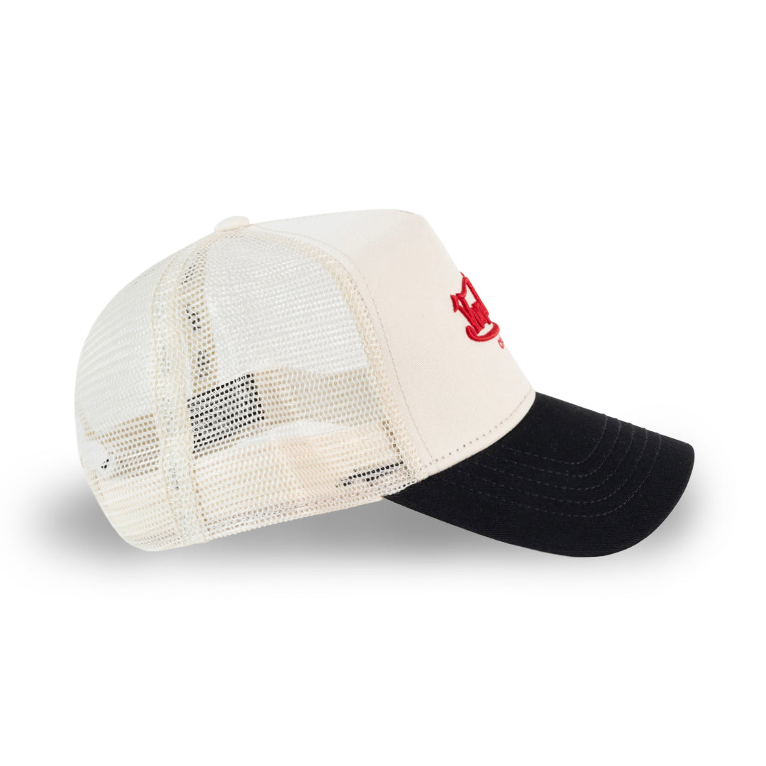 Two Tone Embroidered Ecru Black Trucker Hat