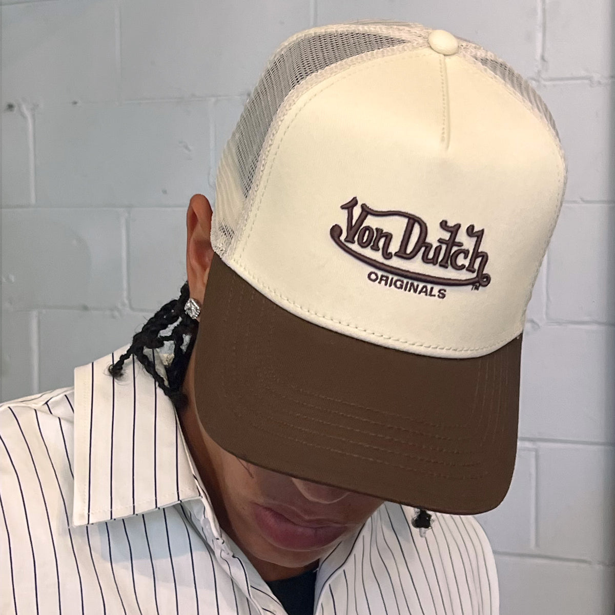 Two Tone Embroidered Trucker Hat Washed Brown Ecru