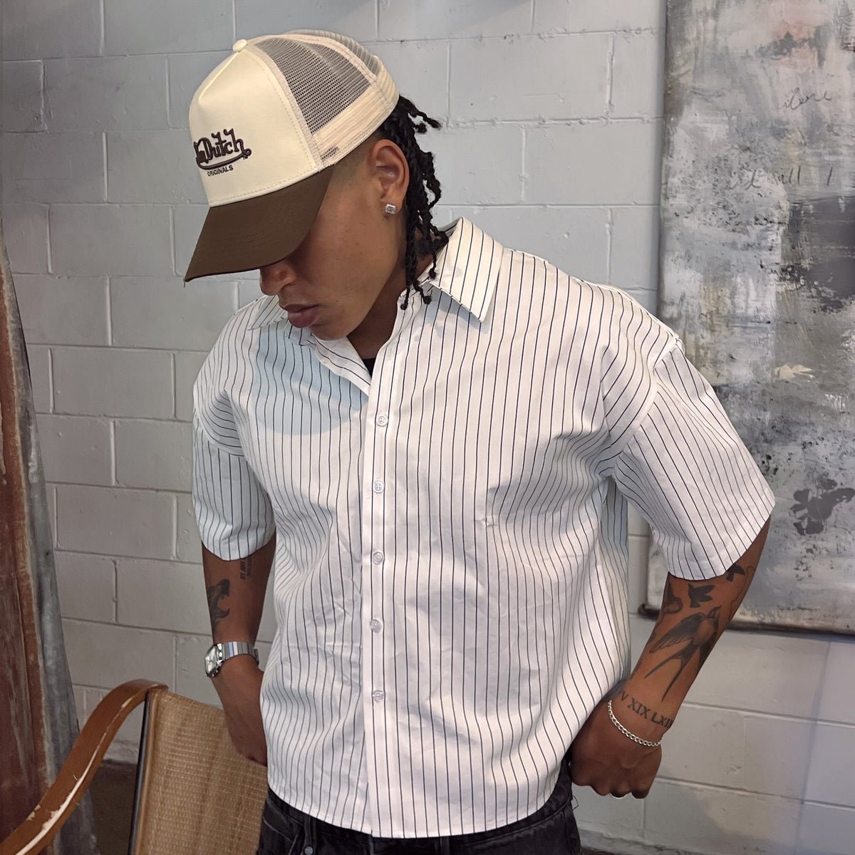 Two Tone Embroidered Trucker Hat Washed Brown Ecru