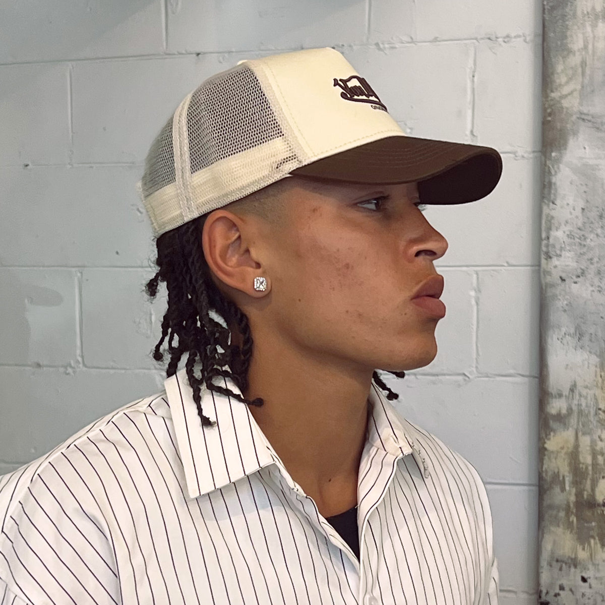 Two Tone Embroidered Trucker Hat Washed Brown Ecru