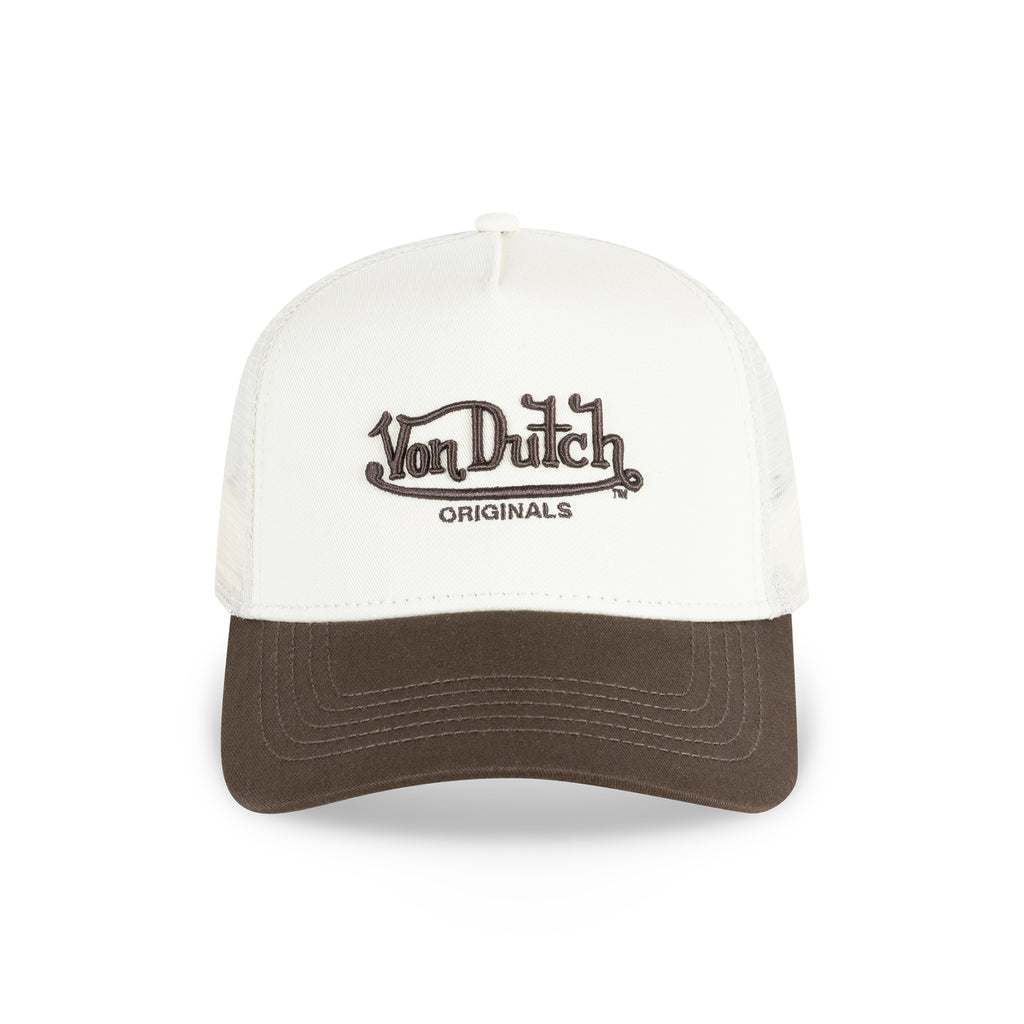 Two Tone Embroidered Trucker Hat Washed Brown Ecru