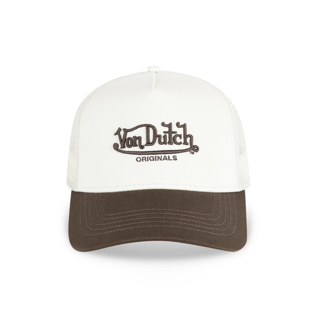 Two Tone Embroidered Trucker Hat Washed Brown Ecru