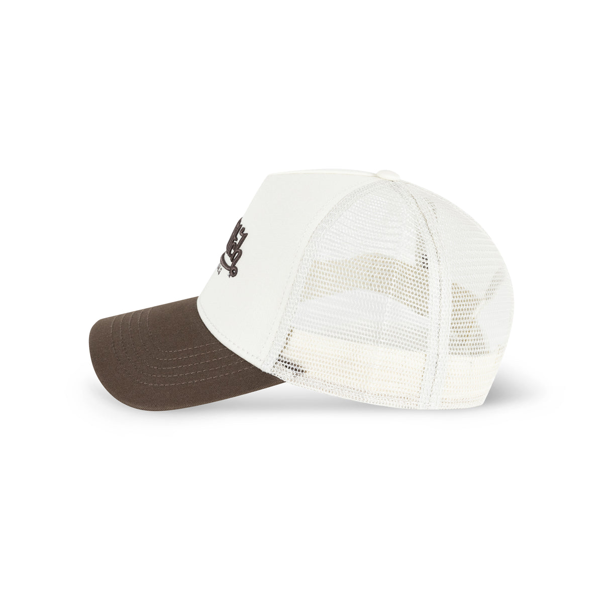 Two Tone Embroidered Trucker Hat Washed Brown Ecru