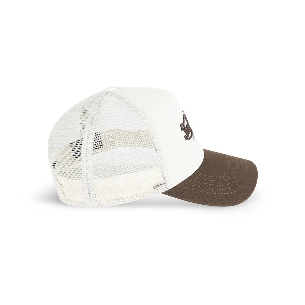 Two Tone Embroidered Trucker Hat Washed Brown Ecru