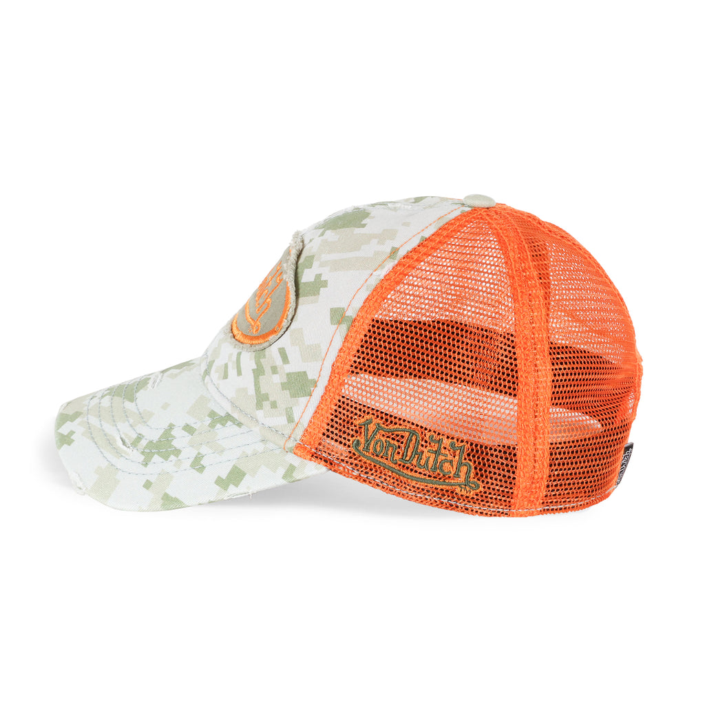 Camo-Orange Distressed Trucker Hat
