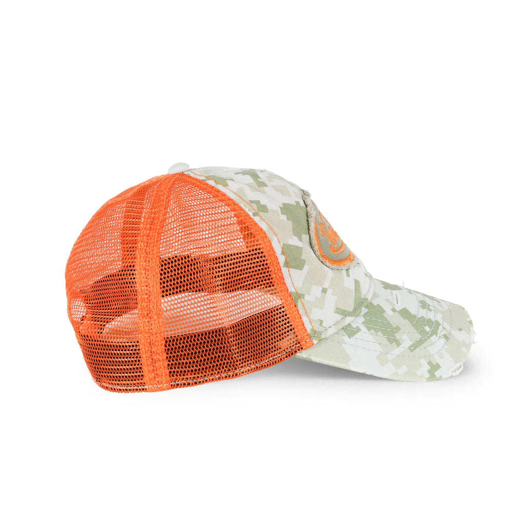 Camo-Orange Distressed Trucker Hat