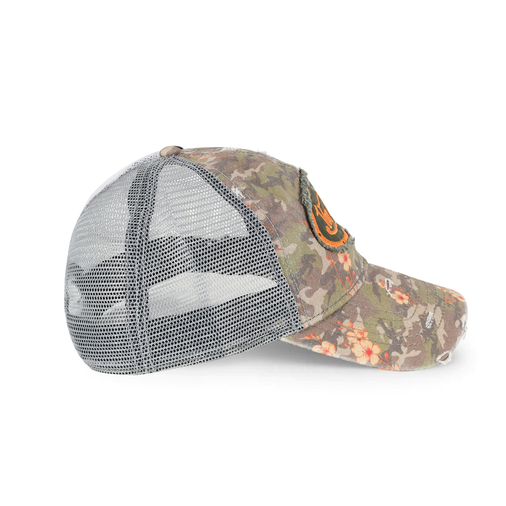Floral Camo Light Olive Distressed Trucker Hat