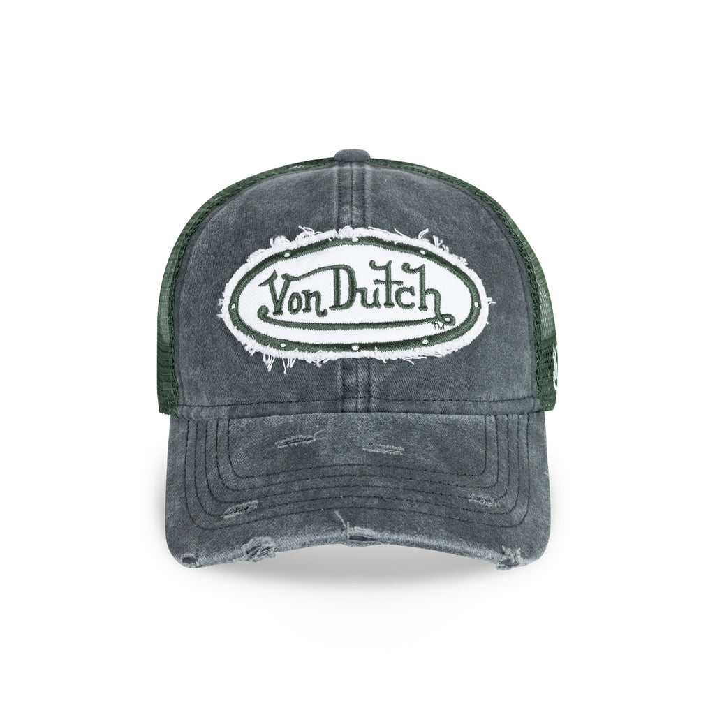 Distressed Trucker Hat Dark Olive White