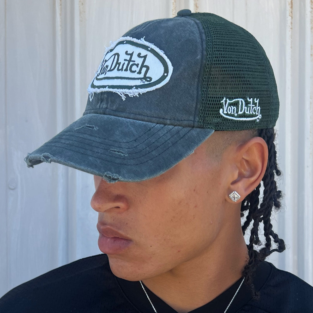 Distressed Trucker Hat Dark Olive White