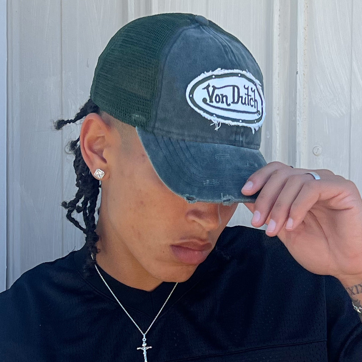 Distressed Trucker Hat Dark Olive White