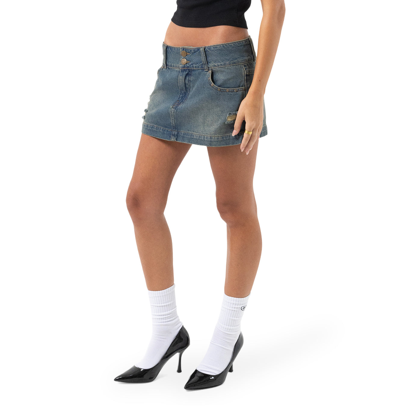 Studs Distressed Micro Mini Skirt